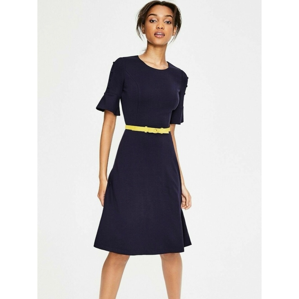Boden “Alexis” navy jersey knit fit-and-flare knee-length dress (size 10 petite)
